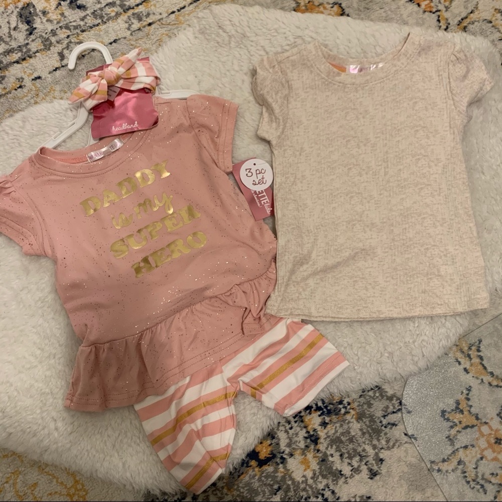 4-Piece ‘Daddy is my Superhero’ Shirt & pants set Pink Cream Size 2T NWT